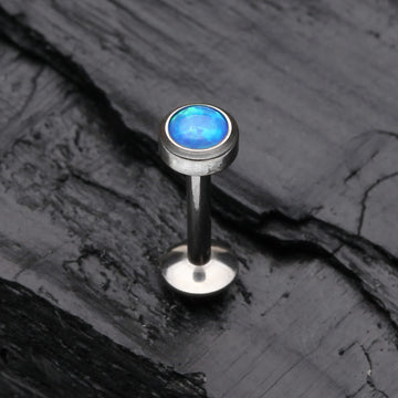 Detail View 1 of Implant Grade Titanium Fire Opal Bezel Set Top Internally Threaded Labret-Blue Opal